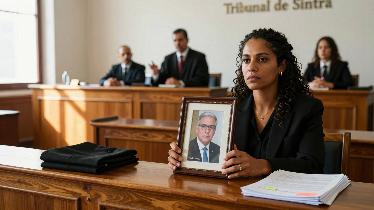Mulher sentada em tribunal a segurar fotografia de homem, com juízes ao fundo atrás do balcão de madeira.