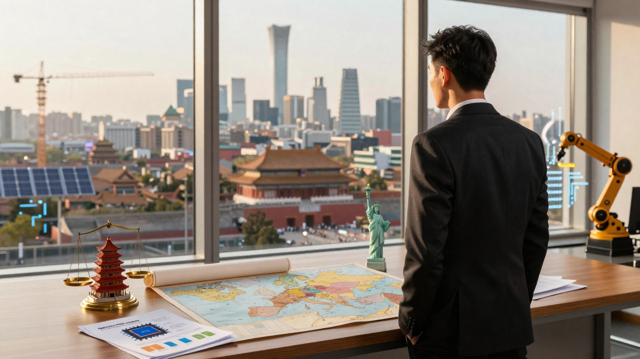 Homem de fato de costas observa cidade moderna com mapa e miniaturas de monumentos na secretária.