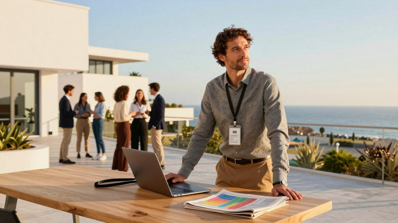 Homem de camisa azul com um crachá, ao lado de uma mesa com computador e jornais, com grupo a conversar no fundo junto ao mar