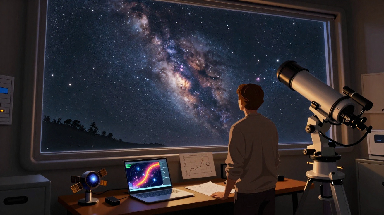 Pessoa observa a Via Láctea e um eclipse solar através da janela de um observatório com telescópio e laptop.