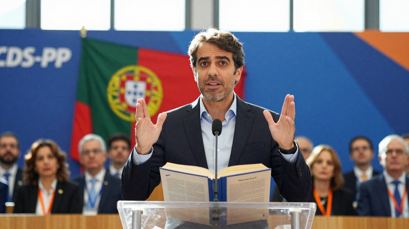 Homem a discursar num pódio com a bandeira de Portugal e pessoas ao fundo em evento do CDS-PP.