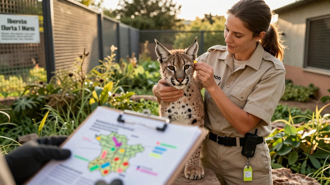 Tratadora segura um filhote de gato-do-mato enquanto outra pessoa consulta um mapa em ambiente ao ar livre.