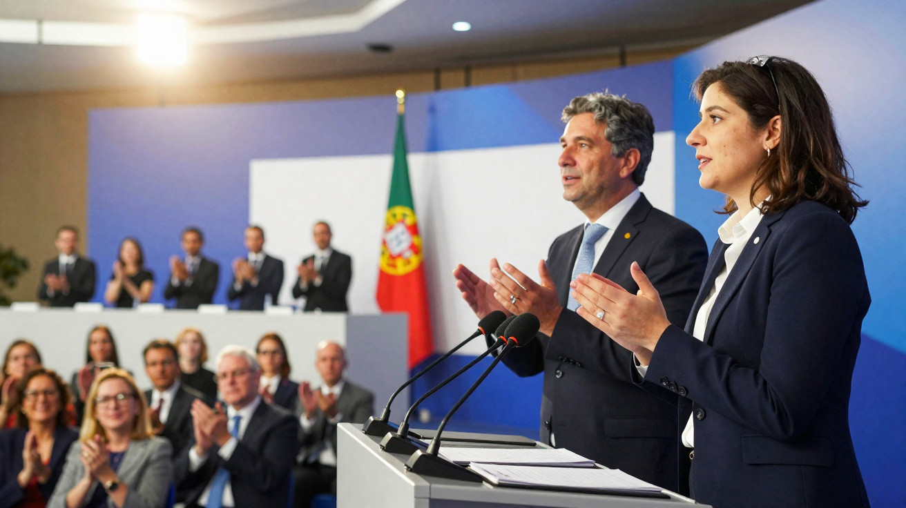 Duas pessoas a discursar e aplaudir num evento oficial, com o pavilhão de Portugal ao fundo.