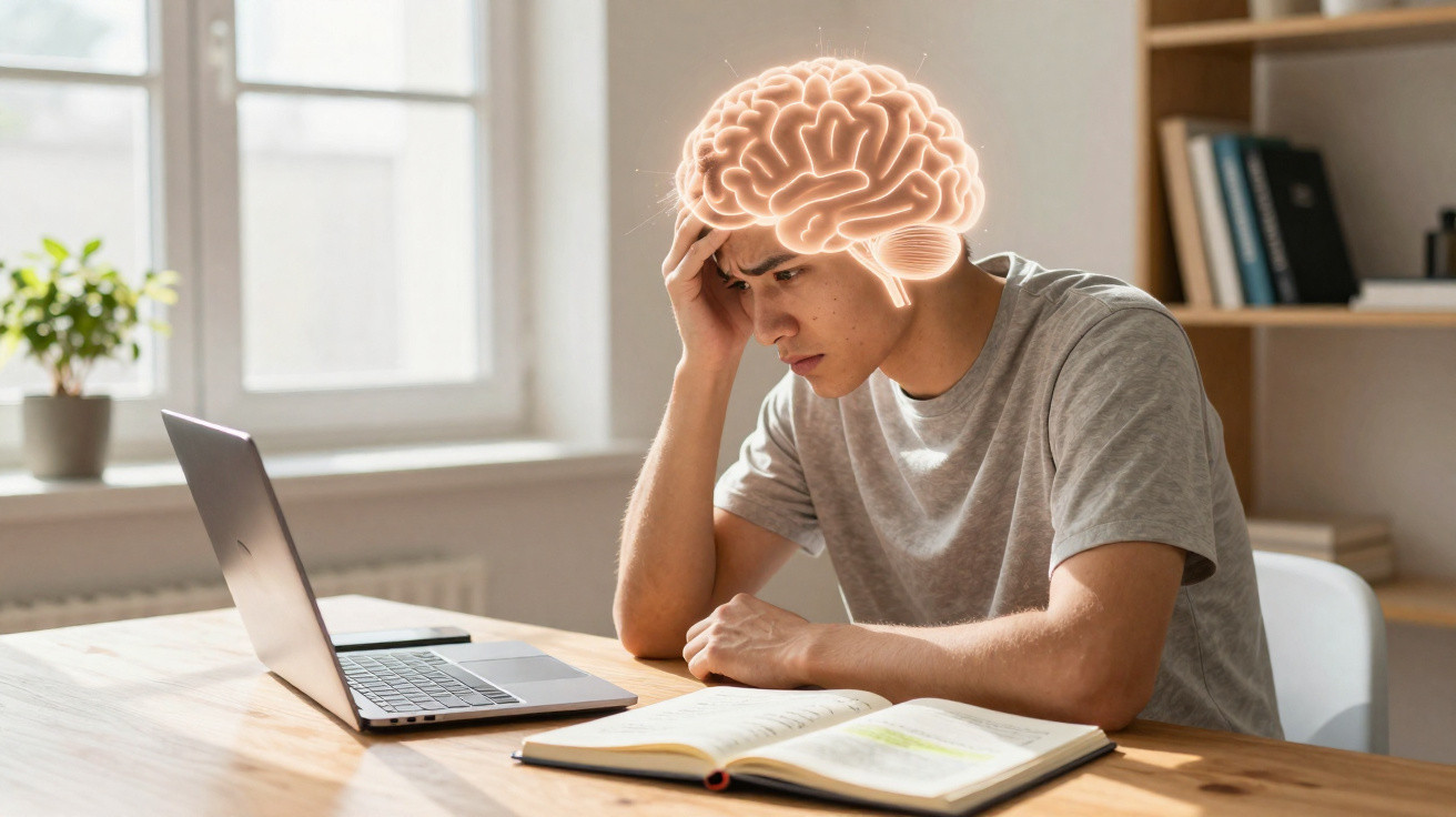 Jovem a estudar com um cérebro digital ilustrado a destacar atividade cerebral na cabeça.