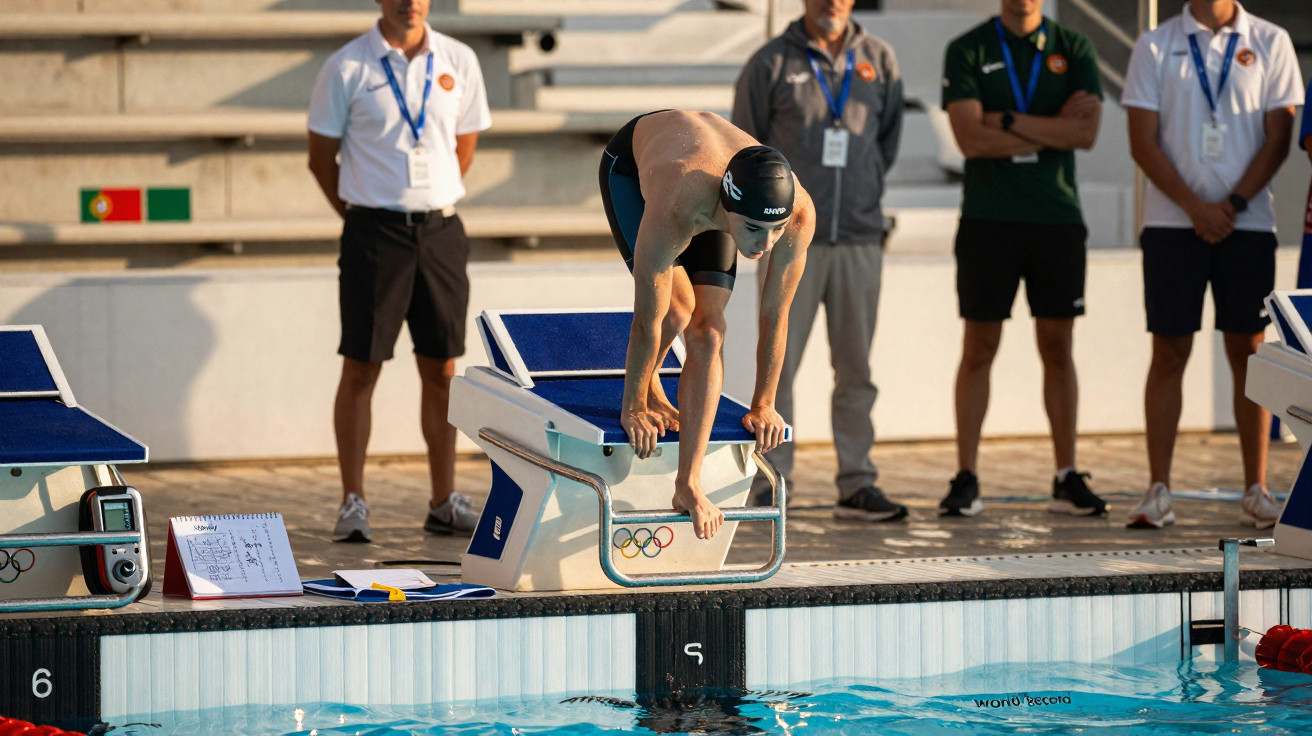 Nadador posicionado para iniciar prova numa piscina olímpica, com treinadores e árbitros ao fundo.