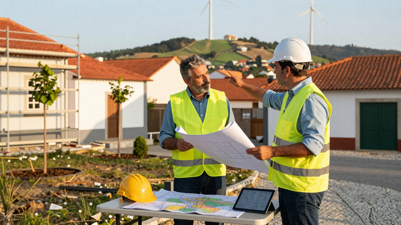 Dois engenheiros com coletes refletivos discutem planta de construção ao ar livre, com turbinas eólicas ao fundo.