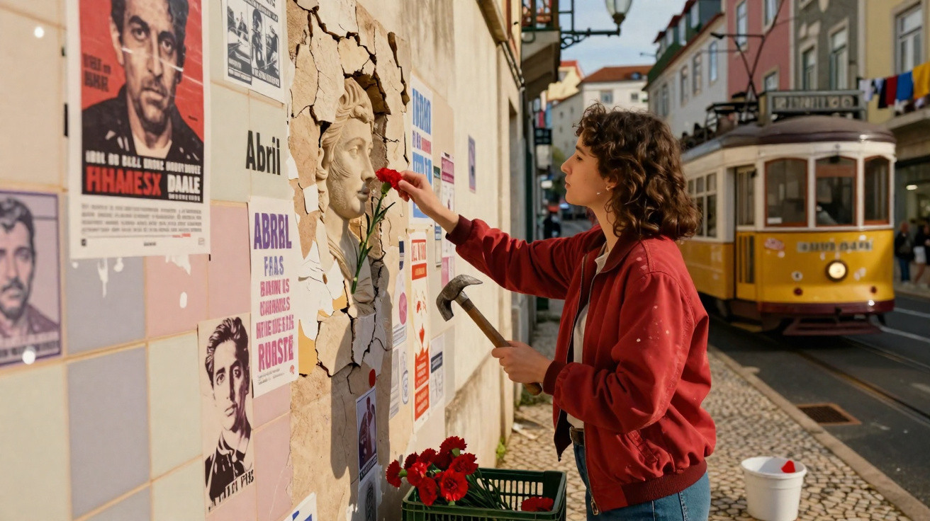 Mulher coloca flor vermelha em escultura na parede, com elétrico amarelo e posters ao fundo numa rua de calçada.
