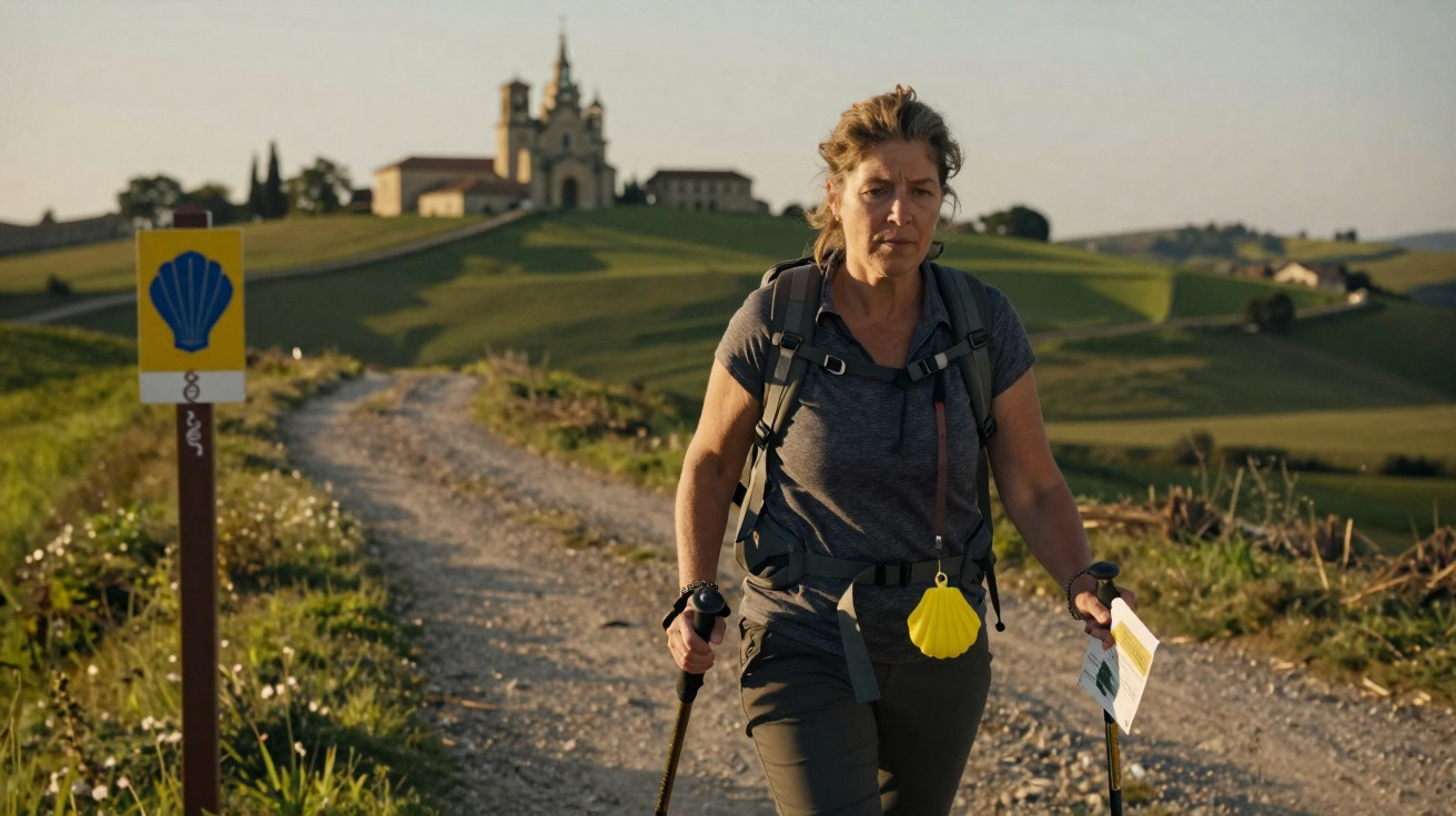 Mulher a caminhar com mochila e pau de caminhada por trilho rural perto de sinal da Concha de Santiago.