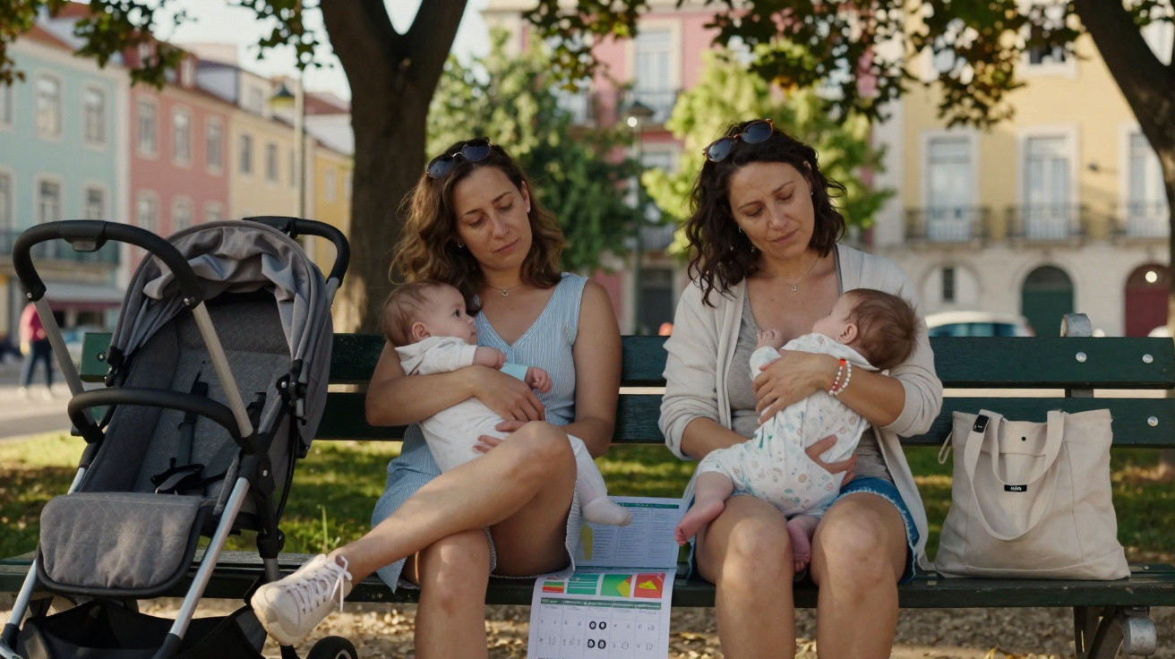 Duas mulheres sentadas num banco de jardim a segurar bebés no colo, com carrinho e saco ao lado.