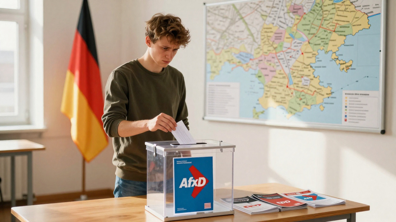 Jovem vota numa urna transparente numa sala com mapa e bandeira da Alemanha ao fundo.