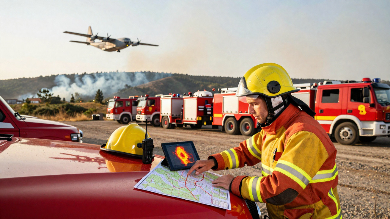 Bombeiro consulta mapa e tablet junto a viaturas e avião perto de incêndio florestal.
