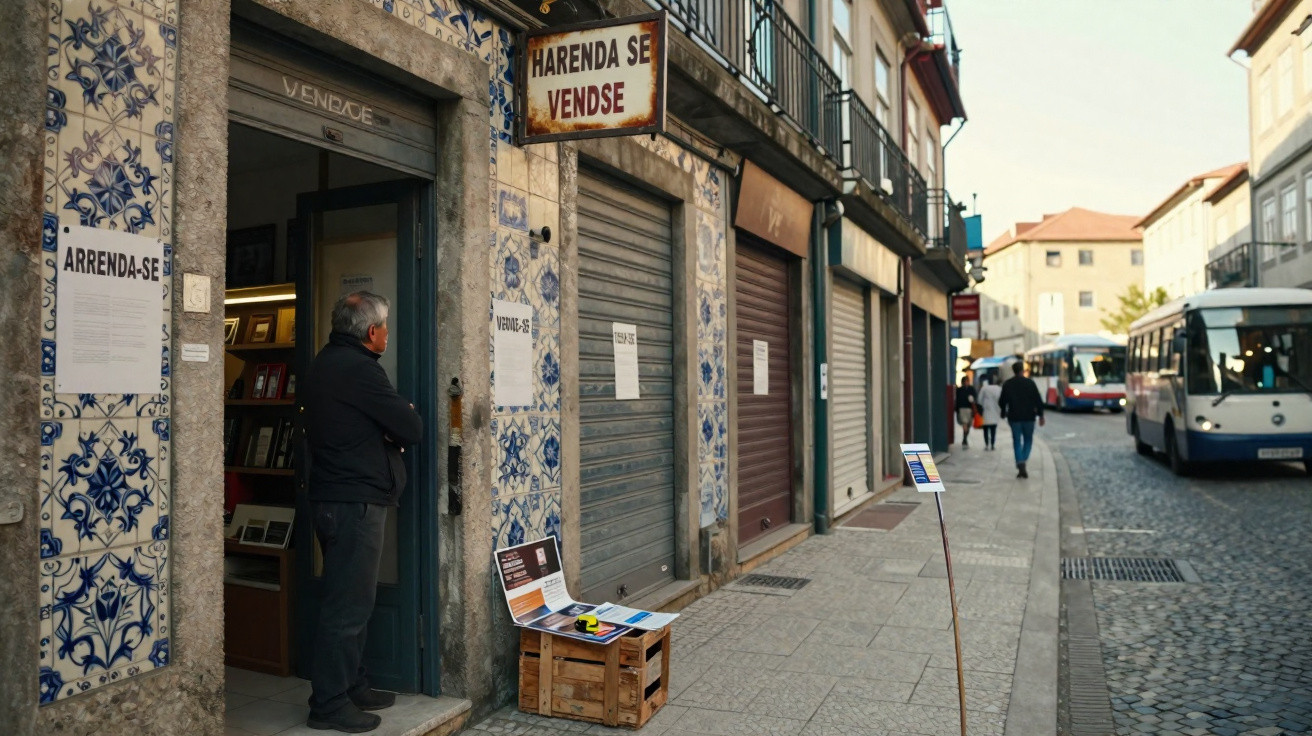 Homem de pé à porta de loja antiga com azulejos portugueses e vários anúncios de arrendamento na rua.