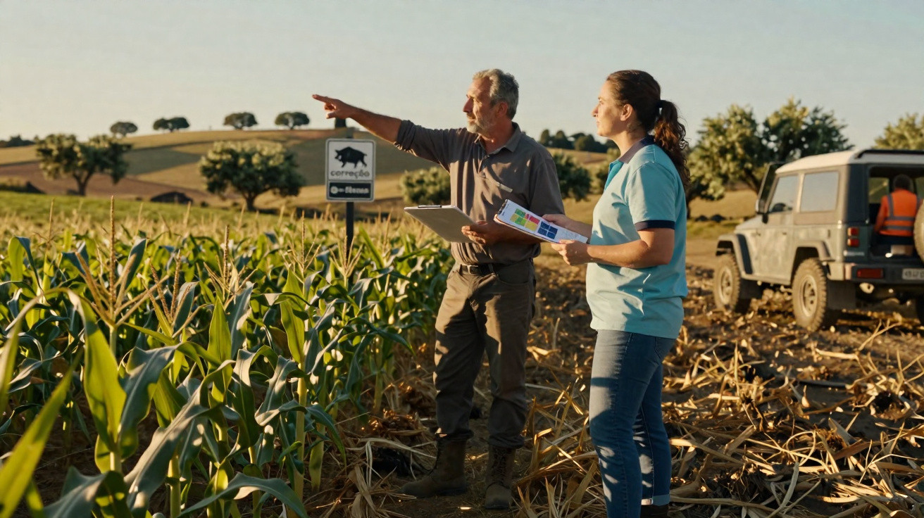 Dois agricultores a analisar plantações de milho num campo ao pôr do sol com veículo ao fundo.