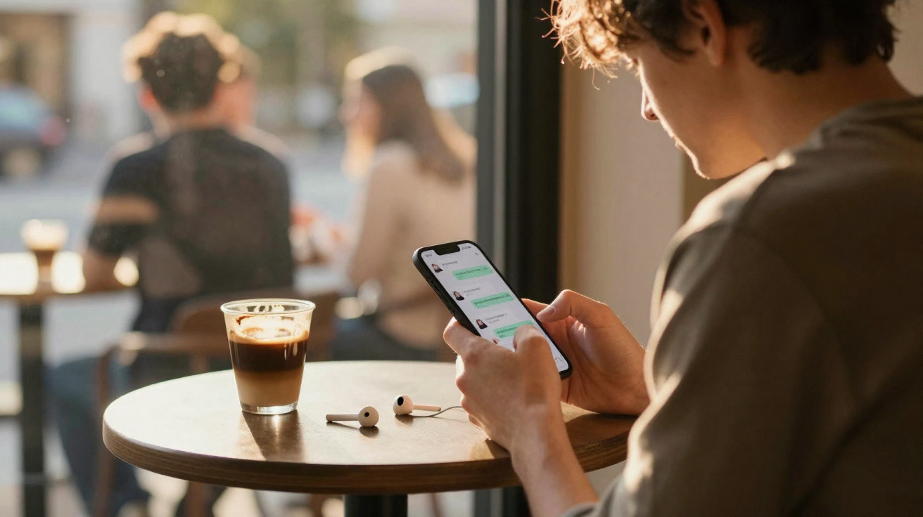 Homem sentado numa cafetaria a usar um smartphone, com café e auriculares sobre a mesa.