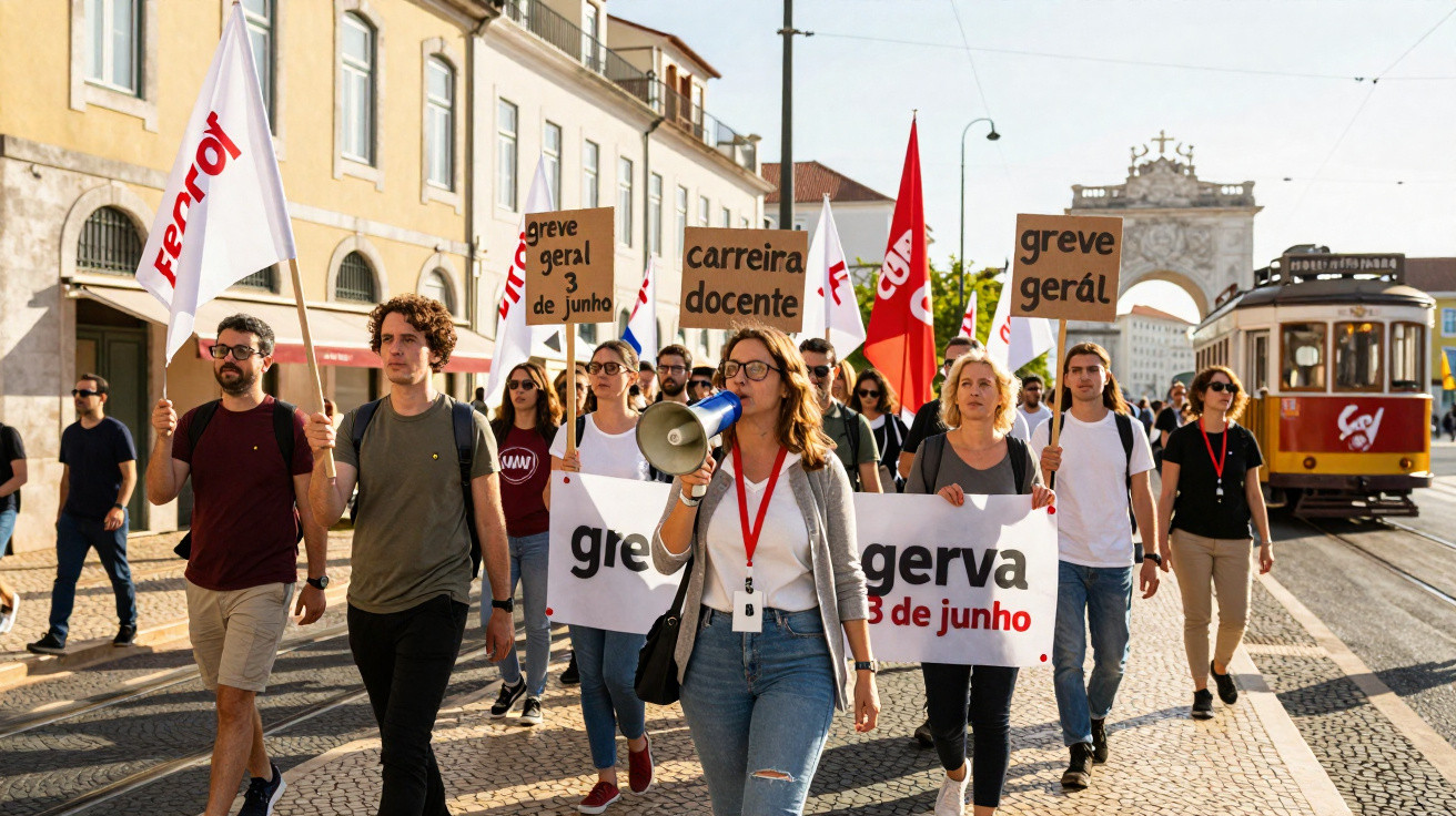 Manifestantes em greve geral com cartazes sobre carreira docente numa rua com elétrico ao fundo.