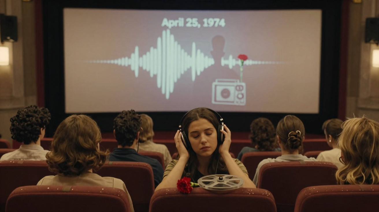 Jovem com auscultadores numa sala de cinema, assistindo a um filme com imagem de onda sonora no ecrã.