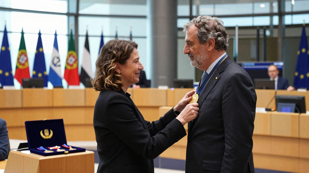 Mulher entrega medalha a homem em cerimónia oficial com bandeiras da União Europeia e de Portugal ao fundo.