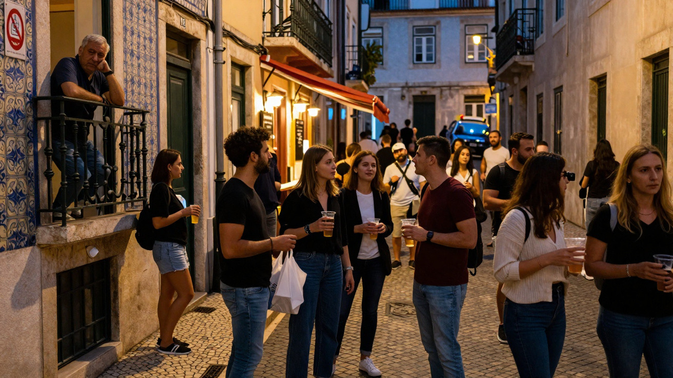 Grupo de jovens a conversar numa rua de noite com fachadas tradicionais em Lisboa.