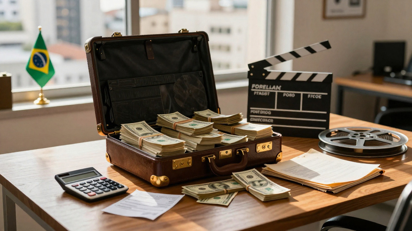 Mala aberta cheia de dinheiro em notas, rolo de filme, claquete, documentos e calculadora numa mesa.