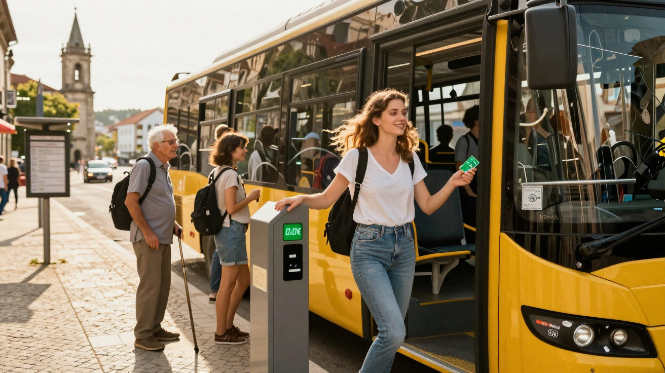Mulher a validar cartão numa máquina ao entrar num autocarro amarelo numa rua urbana.