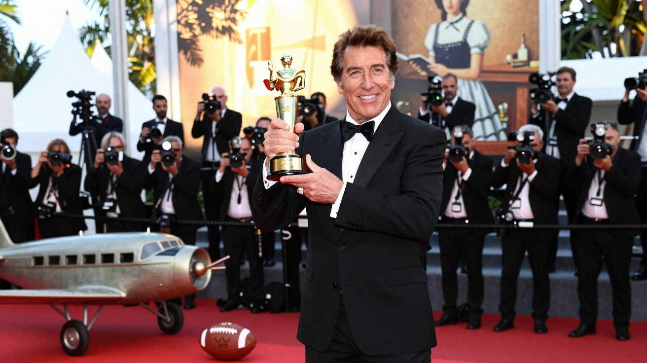 Homem de fato preto segura troféu dourado num evento com tapete vermelho e fotógrafos ao fundo.