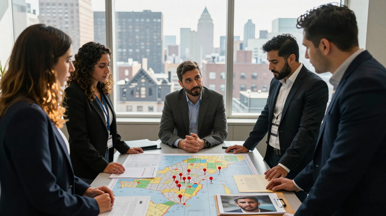 Grupo de oito profissionais em reunião, analisando mapa com várias marcações num escritório moderno.