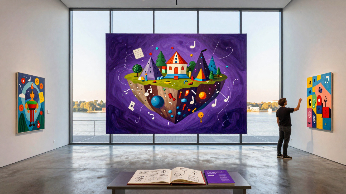 Pessoa observa pintura colorida com ilustração de ilha flutuante em museu com janelas panorâmicas.
