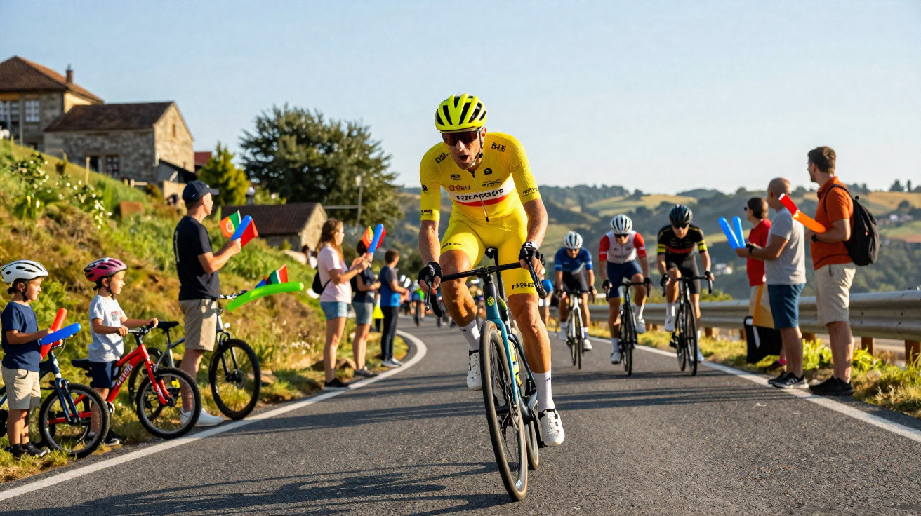 Ciclistas a competir numa estrada rural, com espectadores a aplaudir e paisagem montanhosa ao fundo.