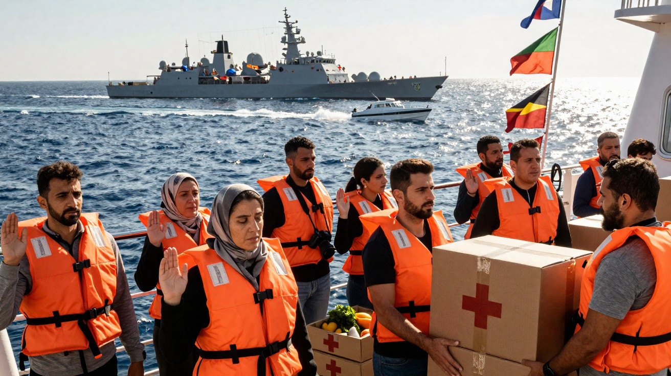 Refugiados com coletes salva-vidas a receber ajuda humanitária em barco, com navio de guerra ao fundo no mar.