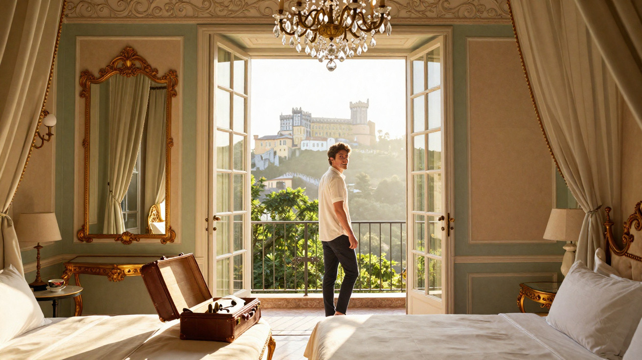 Homem em varanda de quarto elegante com vista para castelo e paisagem natural ao fundo.