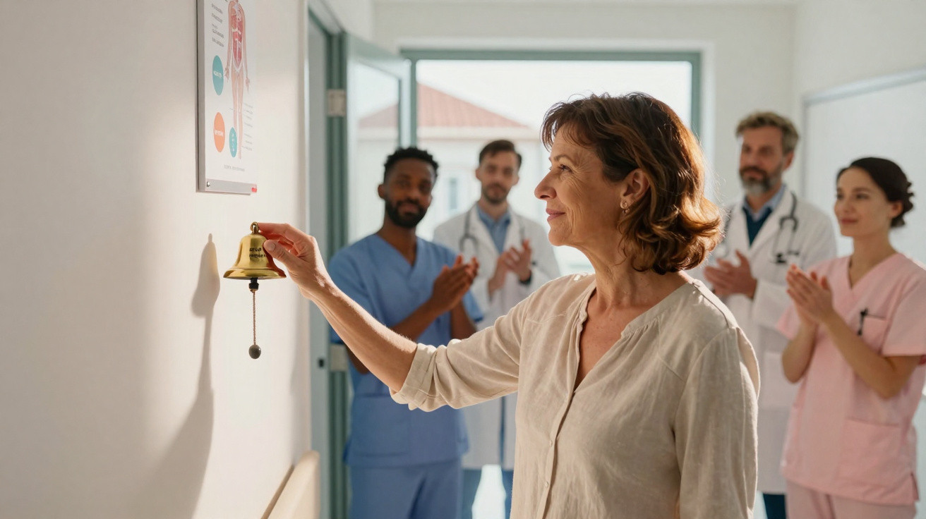 Mulher toca sineta de hospital enquanto equipa médica a aplaude ao fundo num corredor iluminado.