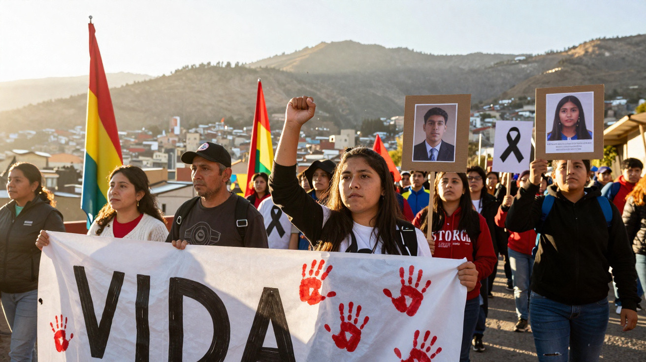 Manifestantes com bandeiras arco-íris e cartazes em marcha por direitos e justiça numa cidade montanhosa ao pôr do sol.