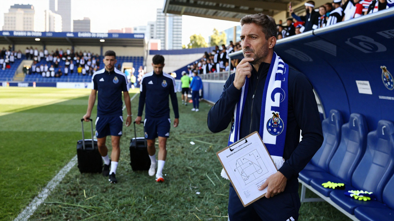 Treinador com cachecol do FC Porto segura prancheta, jogadores com malas caminham no estádio antes do jogo.