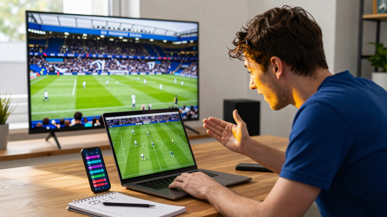 Homem vê jogo de futebol na TV e laptop enquanto consulta cotações de apostas no telemóvel.
