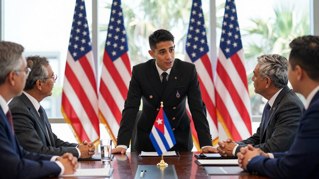Homem em fato a liderar reunião formal com quatro homens sentados e bandeiras dos EUA e Cuba ao fundo.