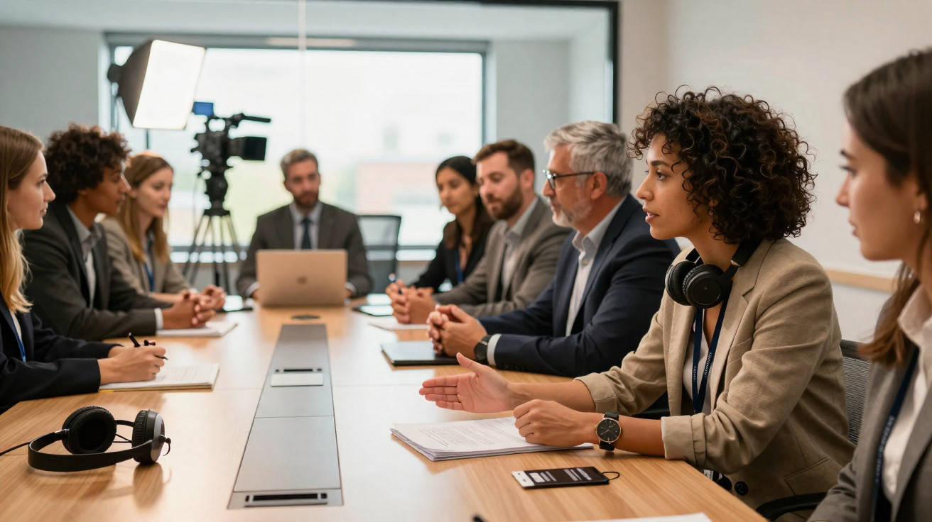 Reunião de negócios com oito profissionais a discutir ao redor de uma mesa de madeira num escritório moderno.