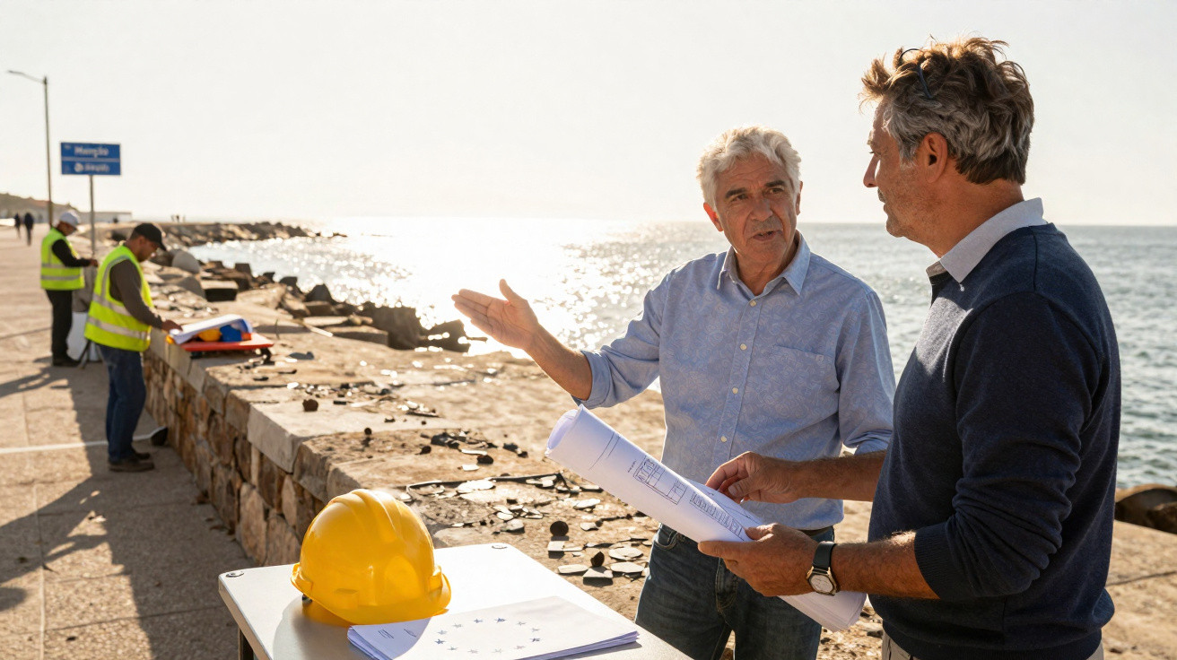 Dois homens discutem planos numa mesa junto ao mar, com capacete amarelo e obra em andamento ao fundo.