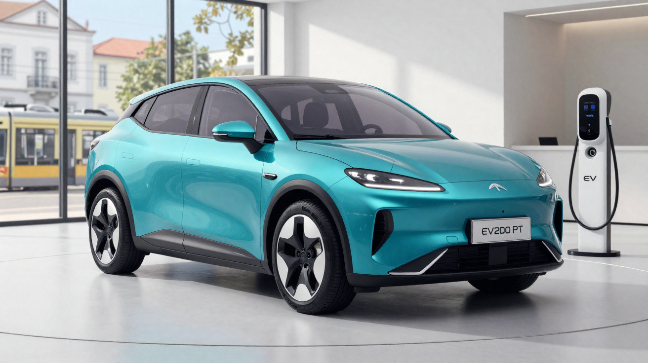 Carro elétrico azul turquesa estacionado dentro de uma sala moderna com carregador elétrico ao fundo.