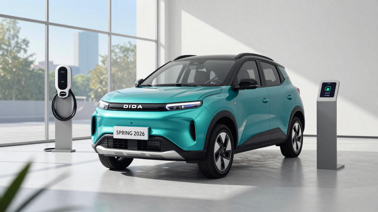 Carro elétrico SUV verde água modelo Spring 2026 estacionado em espaço moderno com carregador elétrico.