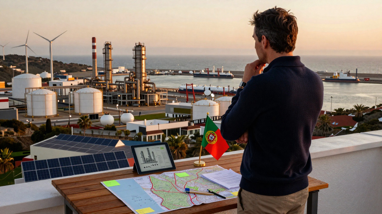 Homem observa instalação industrial com turbinas eólicas, painéis solares, mapa e gráficos numa mesa ao pôr do sol.