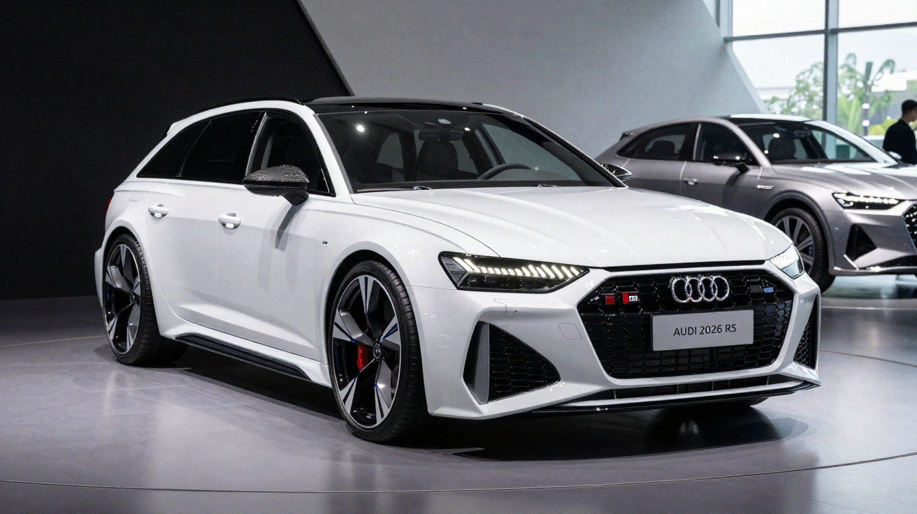 Audi RS 2026 branco estacionado em showroom com jantes desportivas e detalhes pretos.