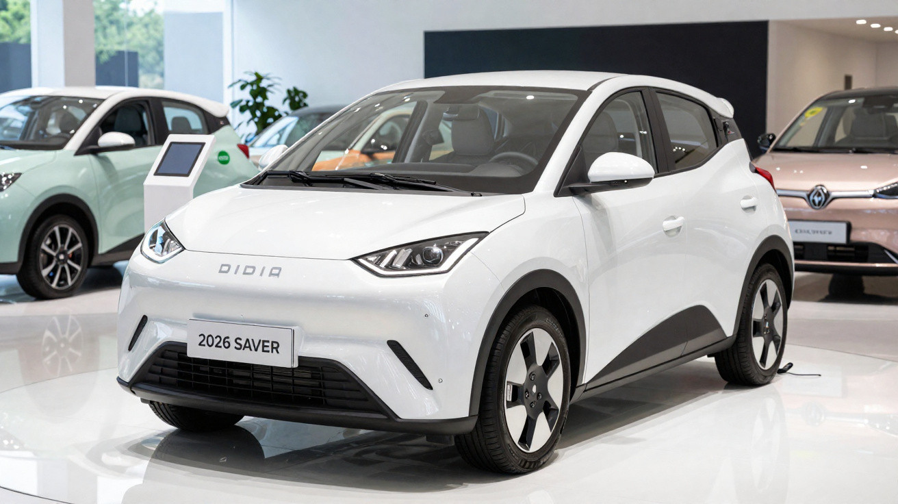 Carro elétrico branco 2026 Saver em exposição numa sala moderna, com outros carros ao fundo.