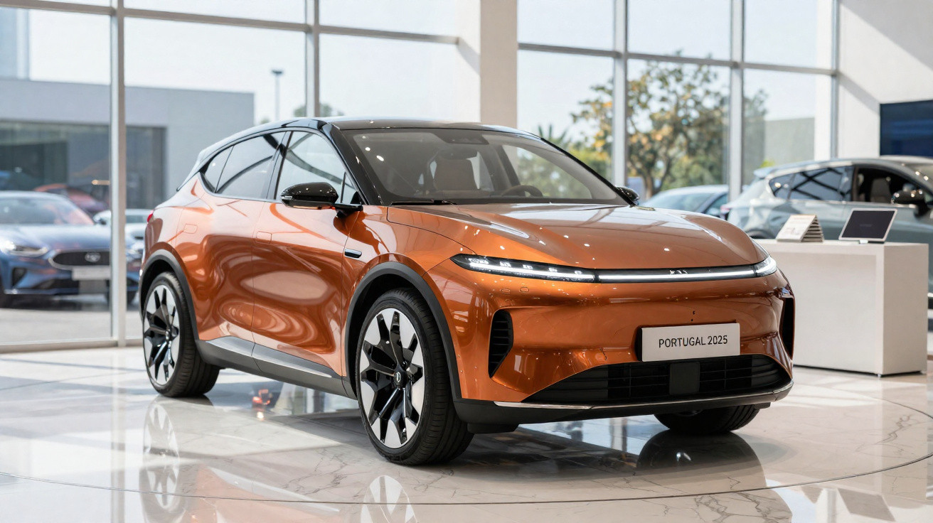 Automóvel SUV elétrico de cor laranja brilhante exposto numa sala de exposição com chão refletor.
