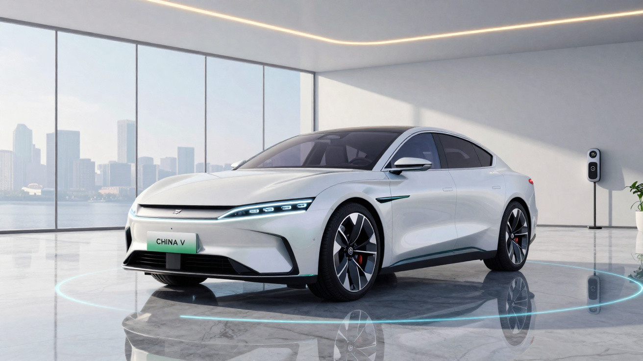 Carro elétrico branco moderno estacionado numa sala luminosa com janelas panorâmicas e estação de carregamento.