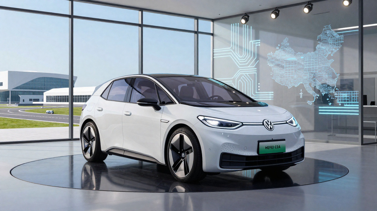 Carro elétrico Volkswagen ID.3 branco exposto num salão moderno com paredes de vidro e vista para edifício e circuito exterio