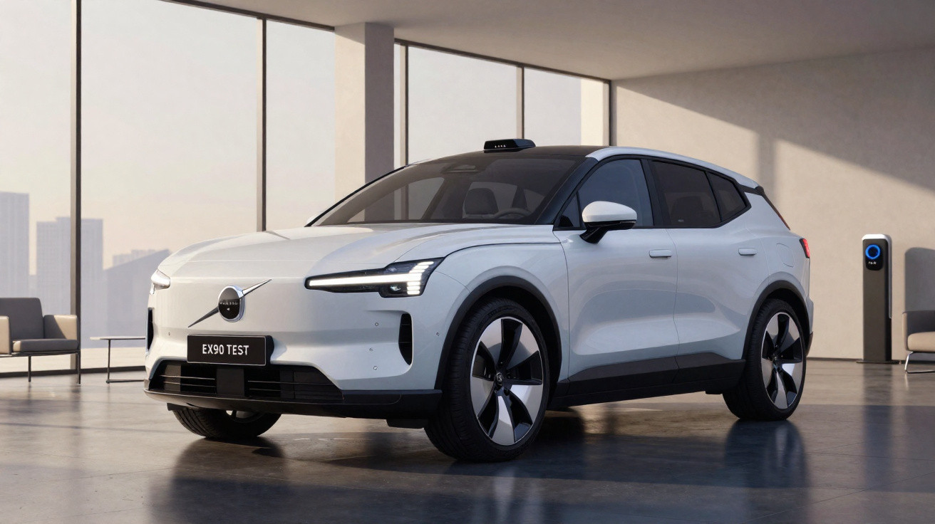 Carro elétrico branco elétrico Volvo EX90 em espaço interior moderno com carregador ao fundo.