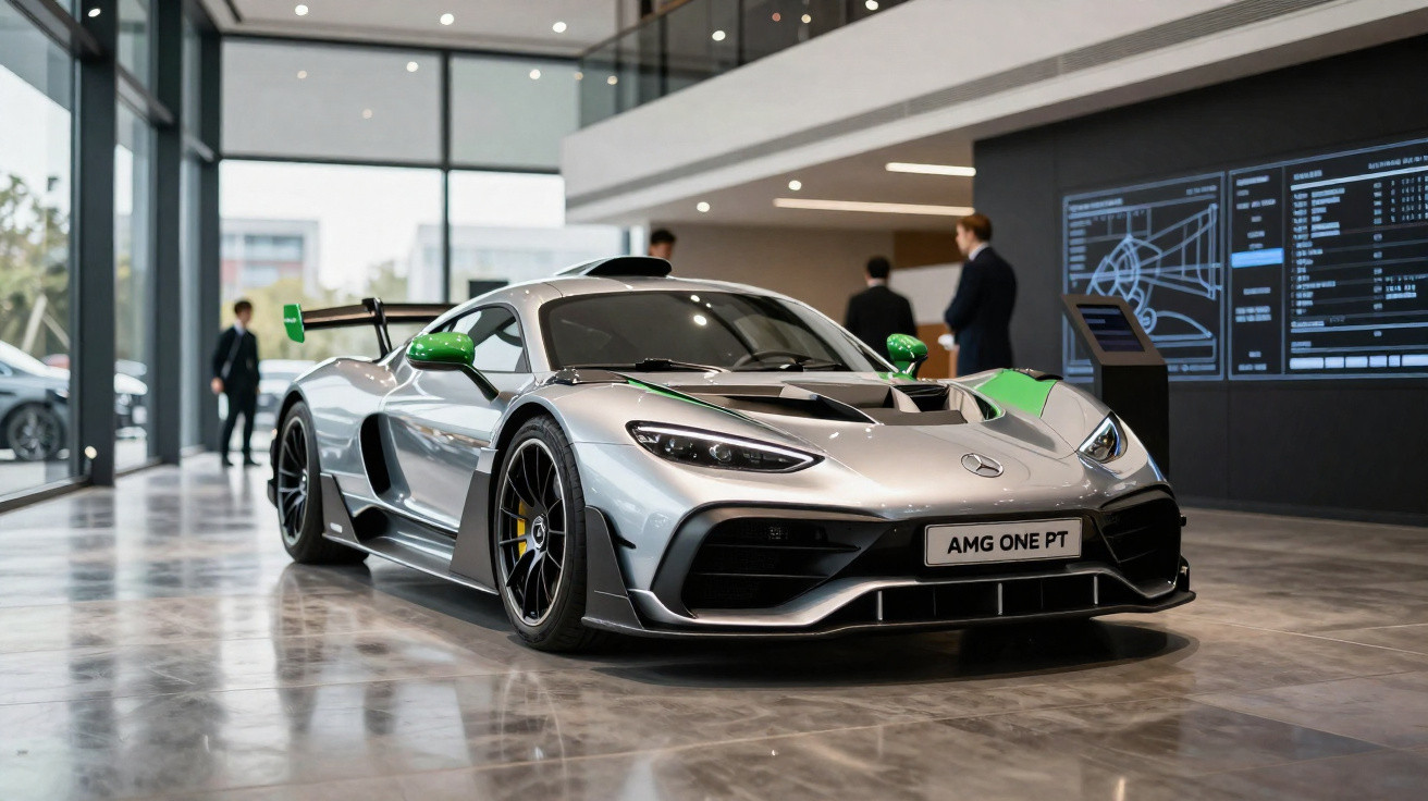 Carro desportivo Mercedes AMG One PT cor cinza com detalhes verdes exposto em showroom moderno.