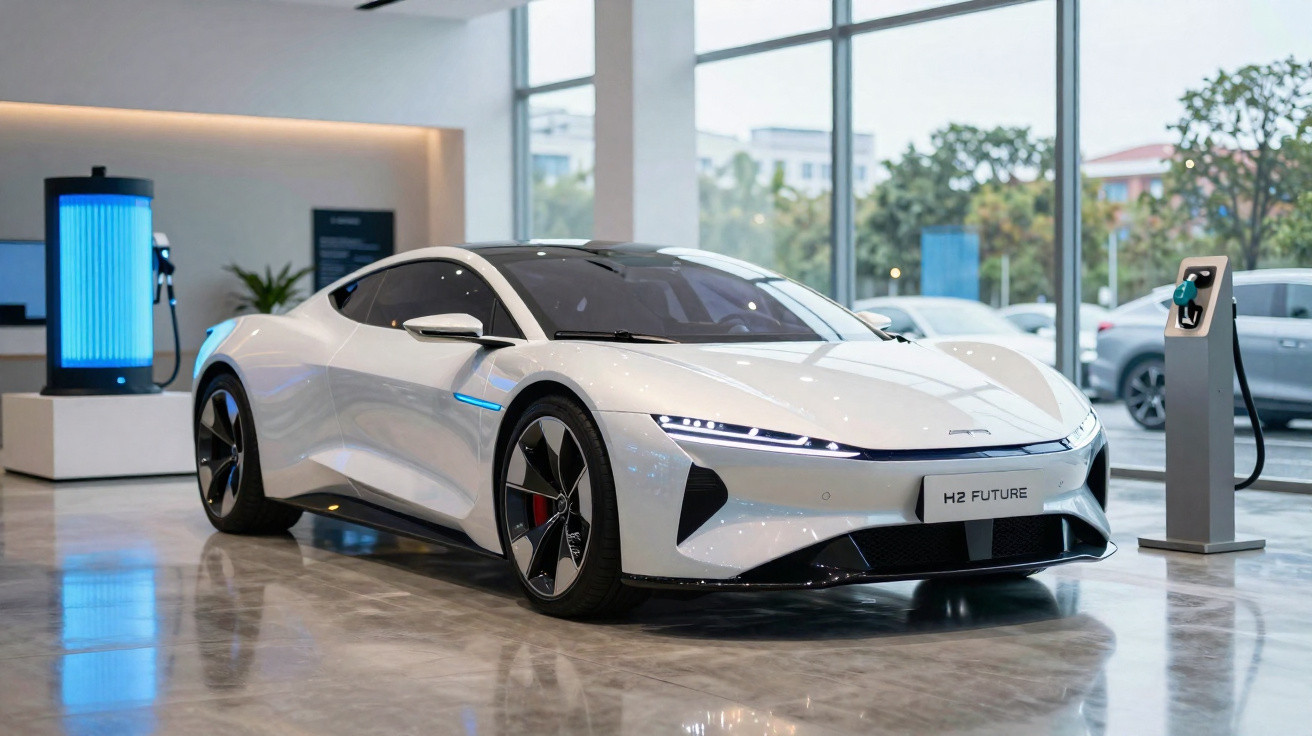 Carro elétrico branco de luxo modelo H2 Future a carregar numa estação numa sala moderna e iluminada.