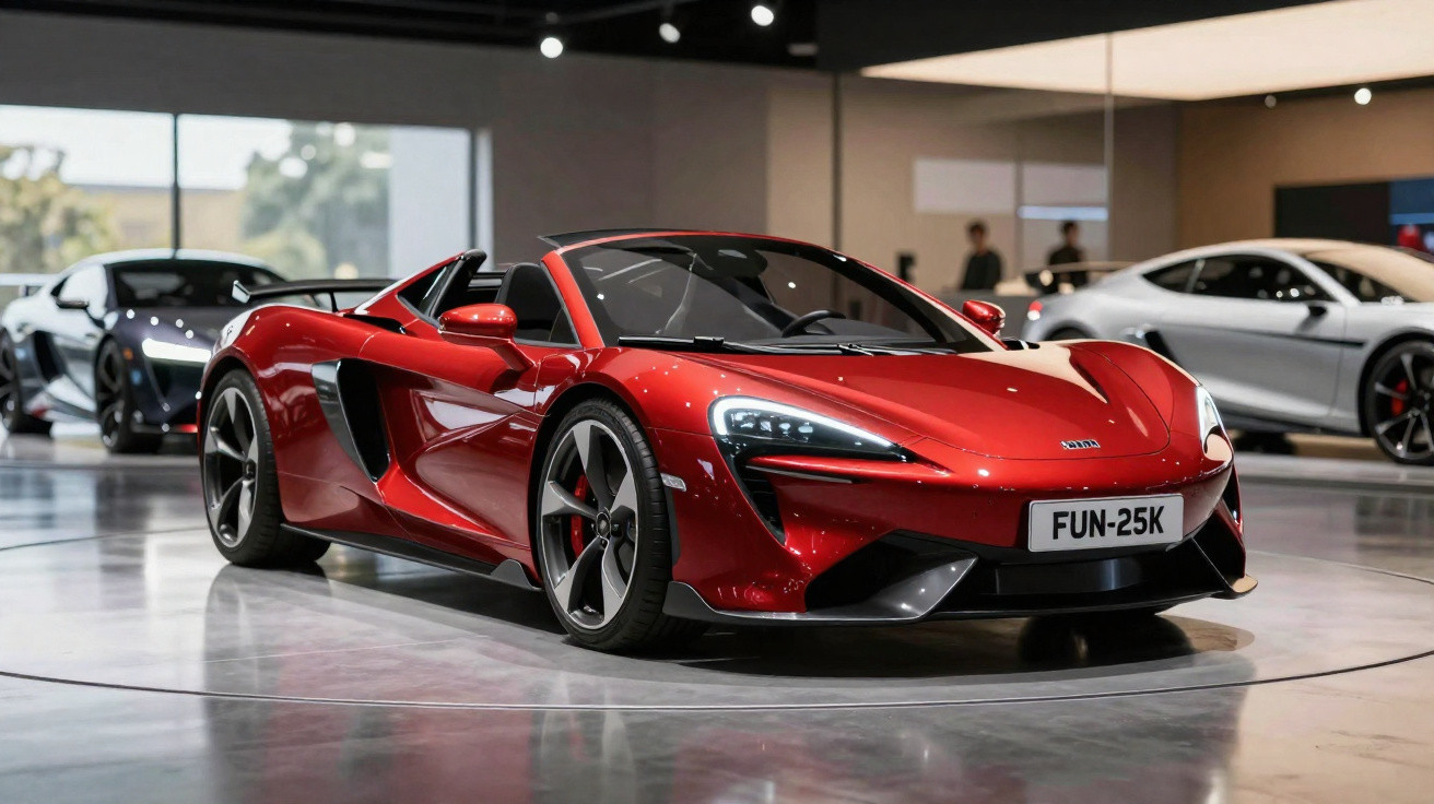 Carro desportivo descapotável vermelho McLaren estacionado em salão com outros carros ao fundo.