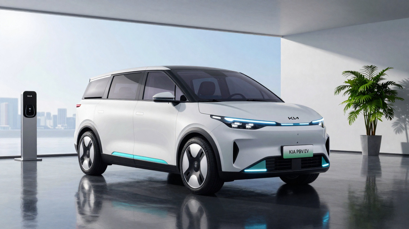 Carro elétrico branco Kia EV estacionado em espaço moderno com parede de vidro e planta decorativa.